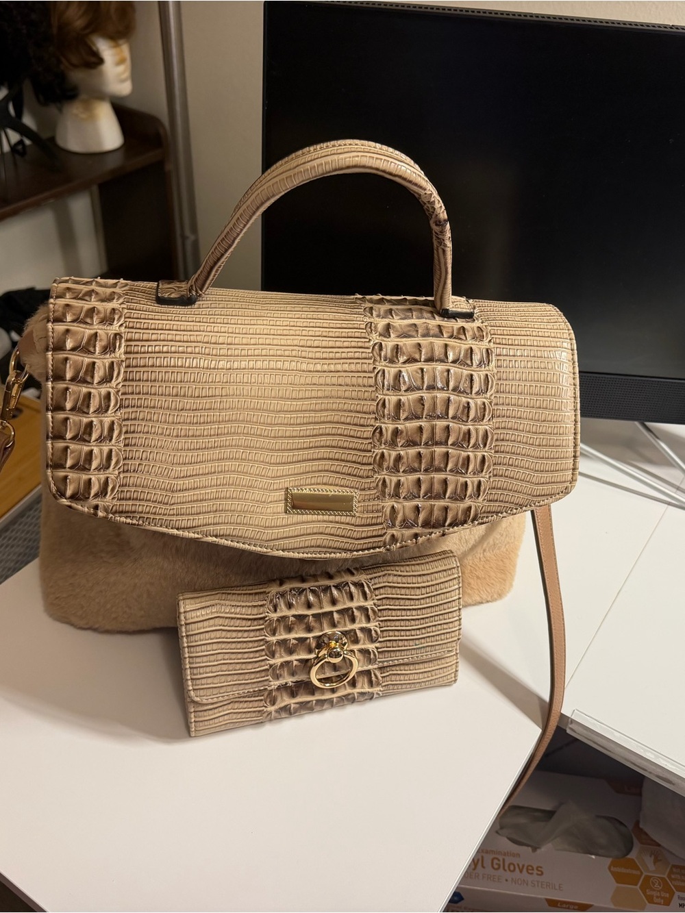 Beige Textured Top-Handle Satchel with Matching Wallet
